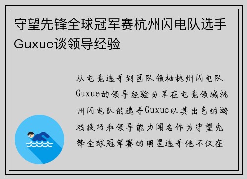 守望先锋全球冠军赛杭州闪电队选手Guxue谈领导经验