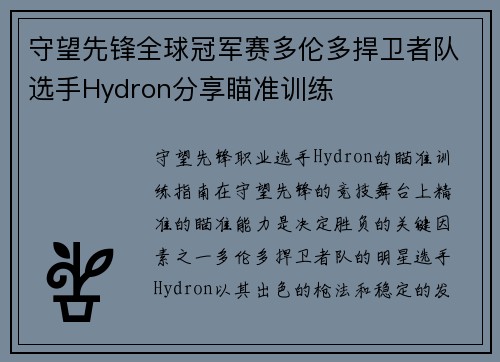 守望先锋全球冠军赛多伦多捍卫者队选手Hydron分享瞄准训练